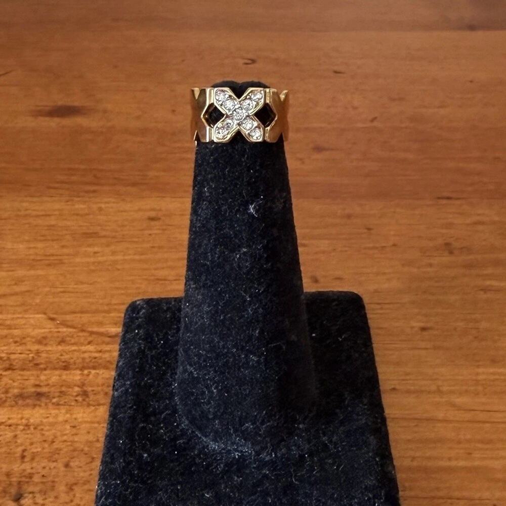 Vintage 18K HGE Gold Plated Crystal X Motif Statement Ring Size 5